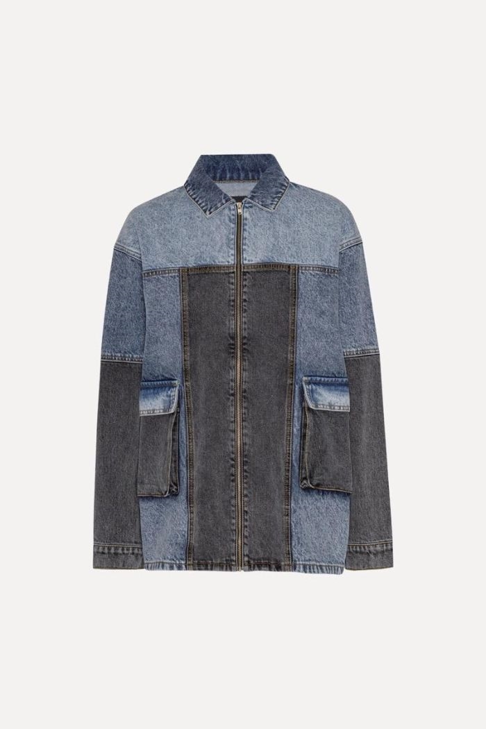 Rotate, Oversized Patchwork Jacket, Medium Blue Denim